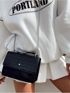Peta + Jain Black Croc-Embossed Chain Crossbody Bag